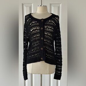 Valentine Black Open Knit Button Front Cardigan Size XL